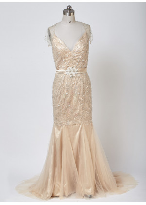 Queen Anne Neckline Champagne Beaded Tulle Floor Length Wedding Dress Luxury Dress